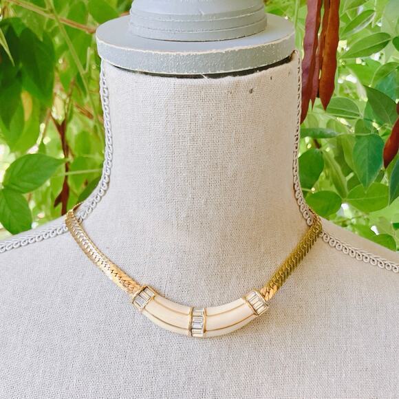 VTG Signed Swarovski Necklace Gold Tone Baguette Rhinestone 1980s Statement - Picture 12 of 16